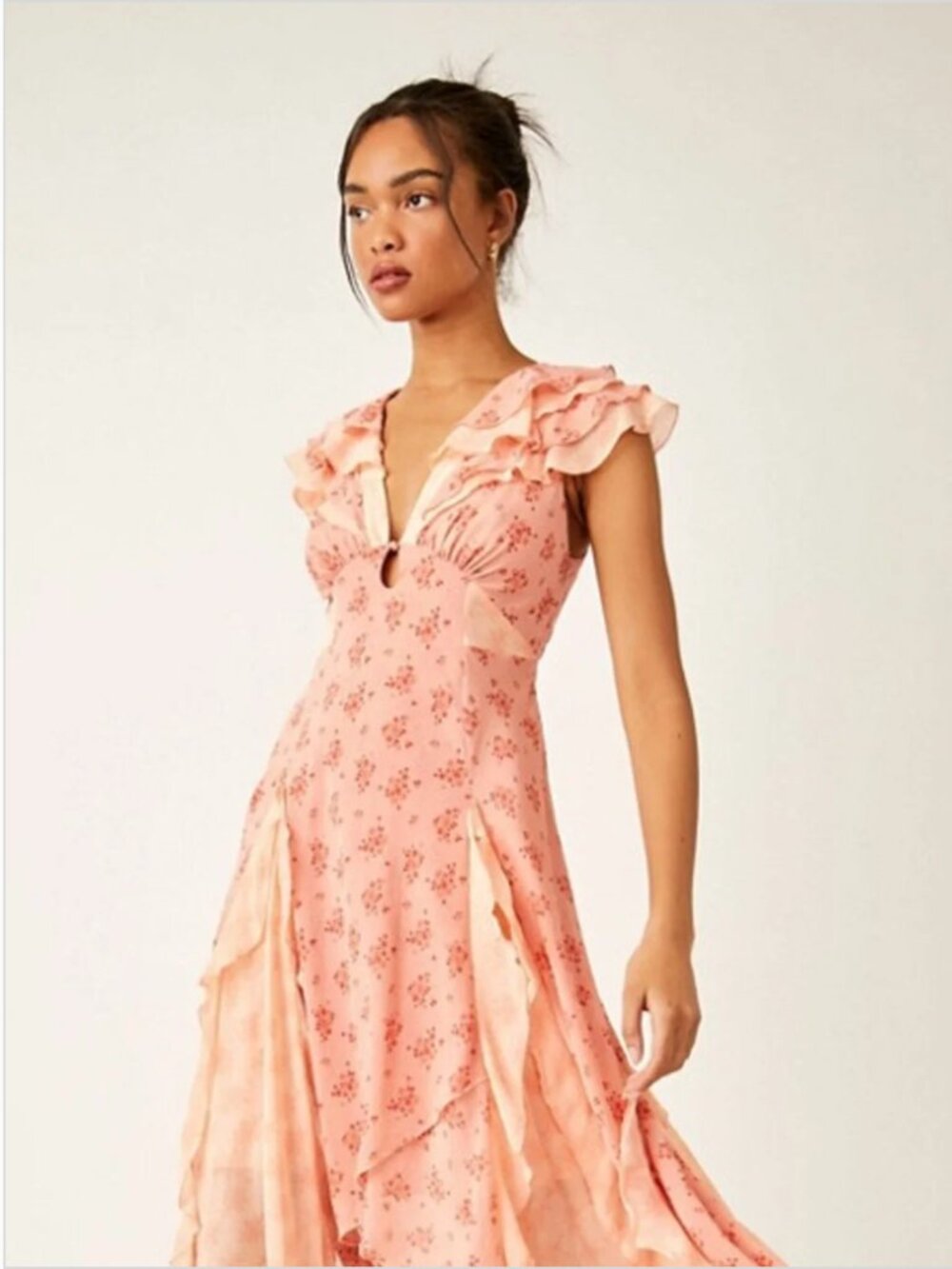 Free People Peach Floral Ruffle Maxi Dress